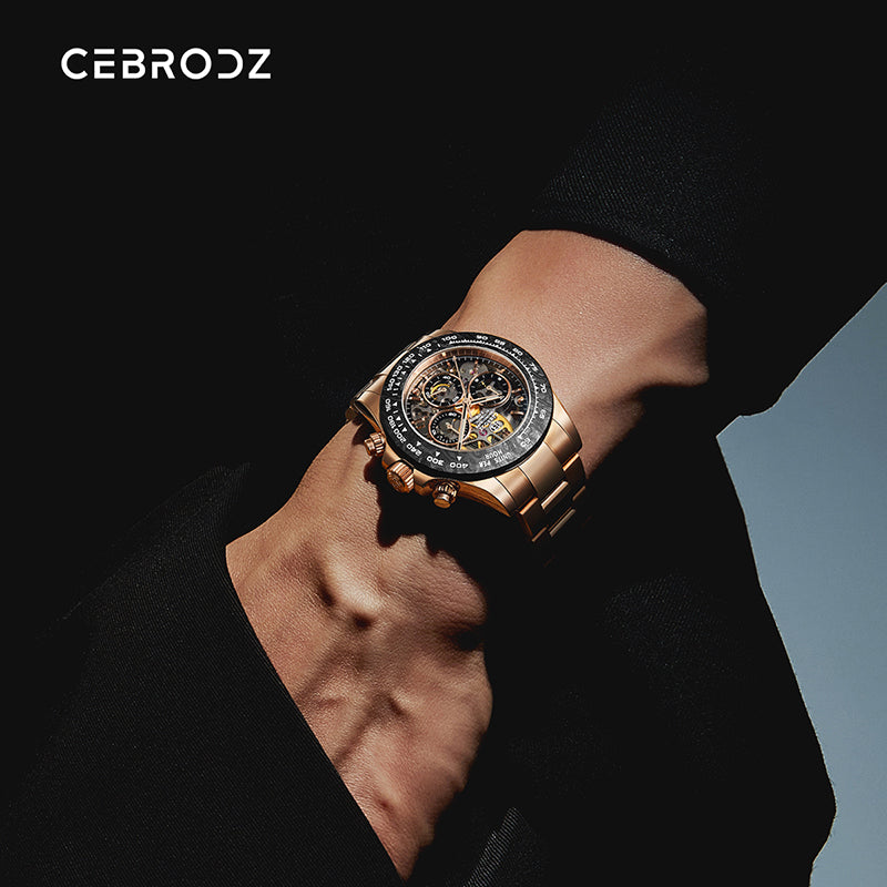 CEBRODZ Men's Chronograph DIY bezel Skeleton Watch 904L stainless steel Mechanical Automatic machinery 50m waterproof