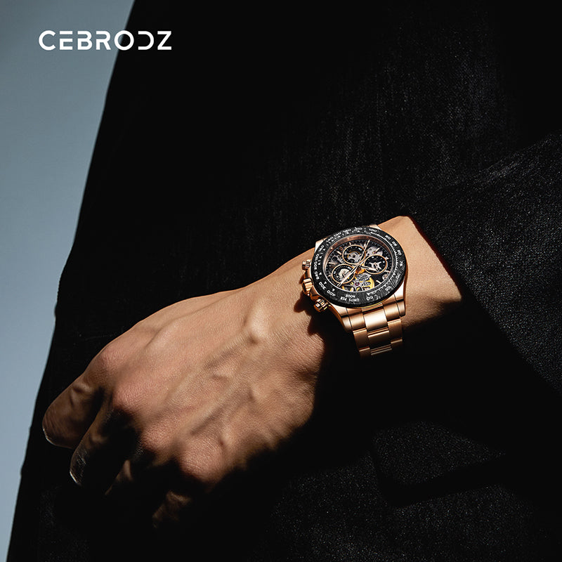 CEBRODZ Men's Chronograph DIY bezel Skeleton Watch 904L stainless steel Mechanical Automatic machinery 50m waterproof