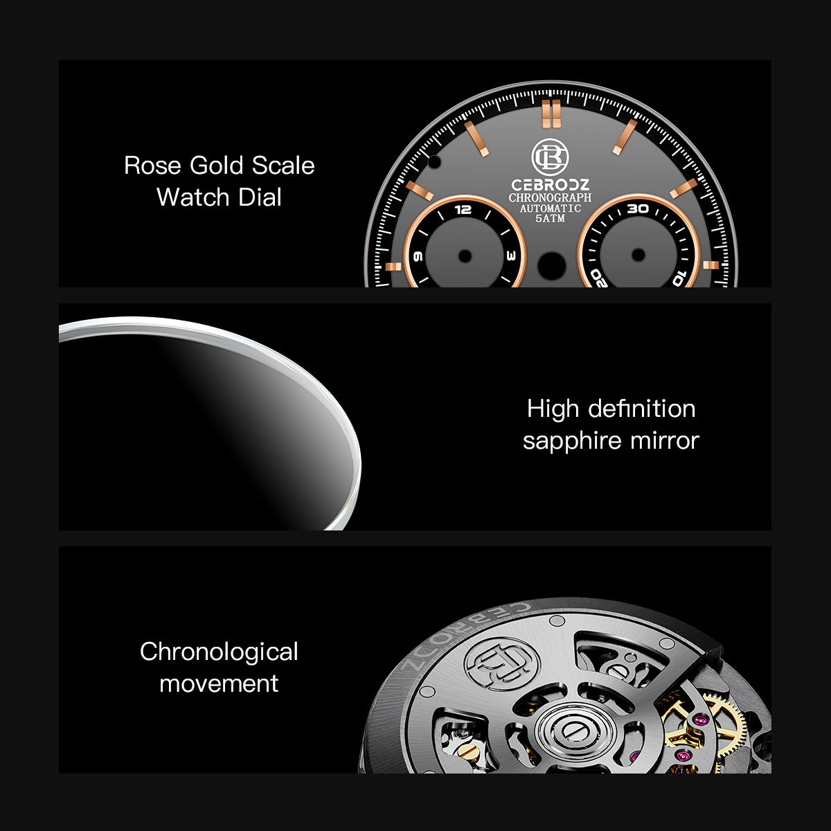 CEBRODZ Men's Chronograph DIY bezel Skeleton Watch 904L stainless steel Mechanical Automatic machinery 50m waterproof