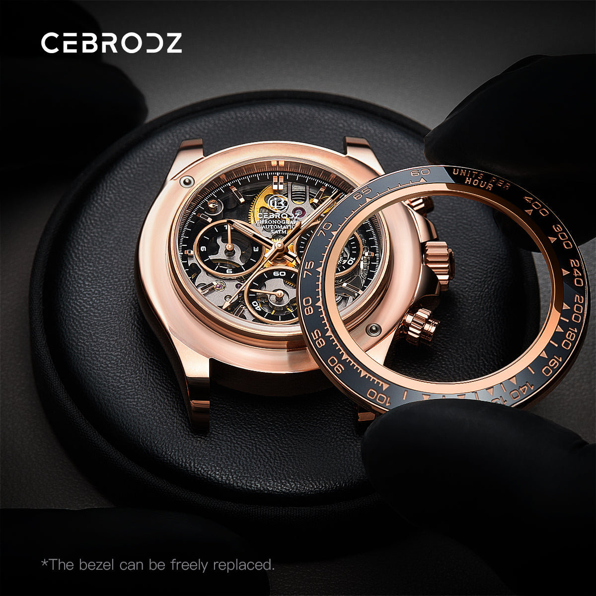 CEBRODZ Men's Chronograph DIY bezel Skeleton Watch 904L stainless steel Mechanical Automatic machinery 50m waterproof