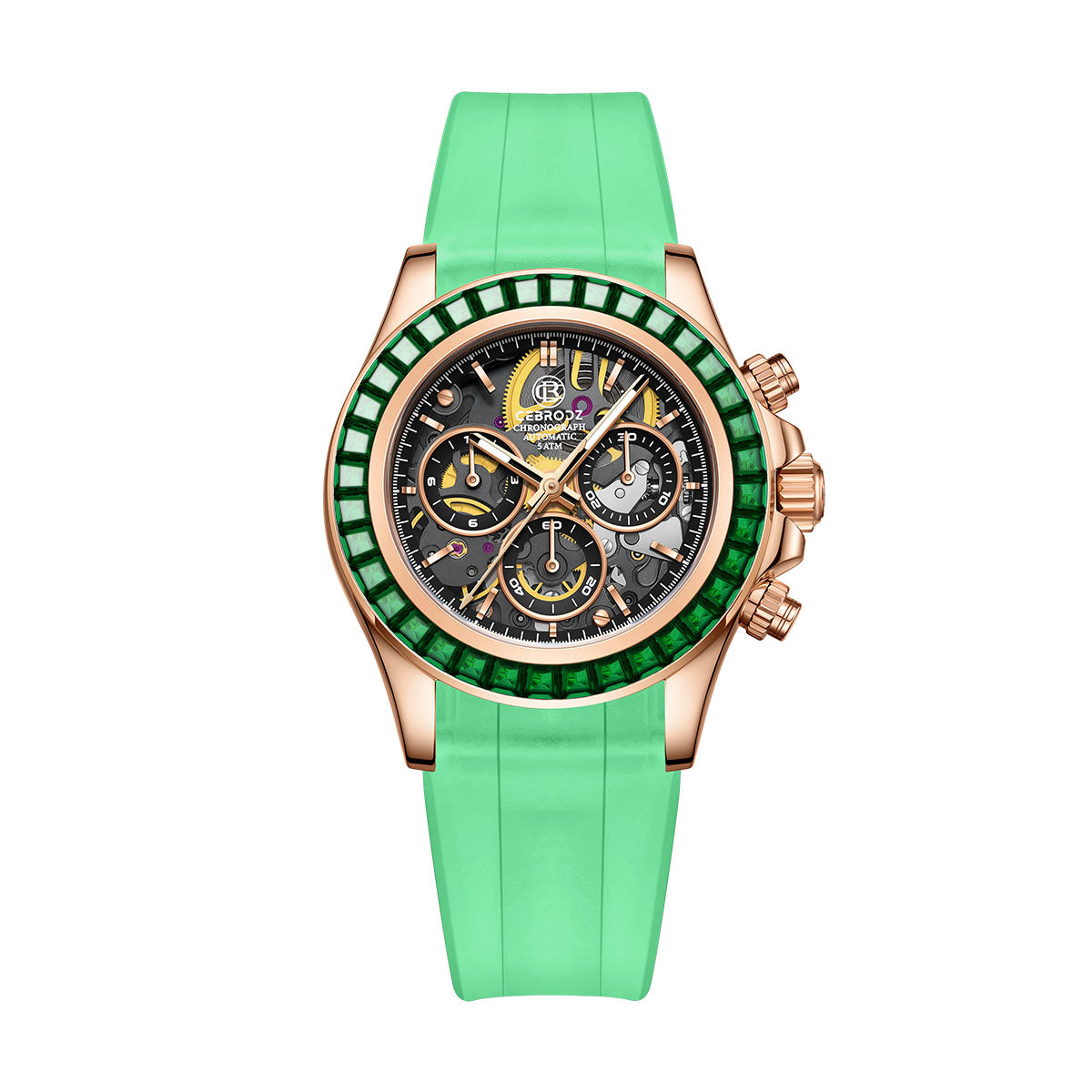 CEBRODZ Men's Chronograph DIY bezel Skeleton Watch Zircon bezel 904L stainless steel Mechanical Automatic machinery 50m waterproof CB1651021GRB