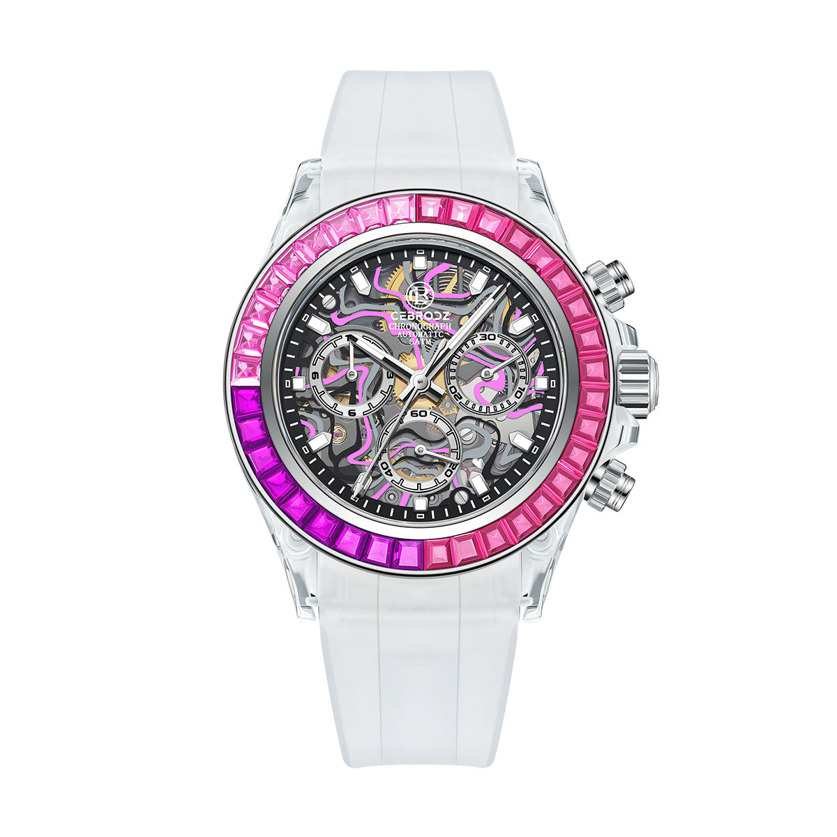 CEBRODZ Men's Chronograph K9 crystal case Zircon bezel Skeleton Watch Mechanical Automatic machinery 50m waterproof