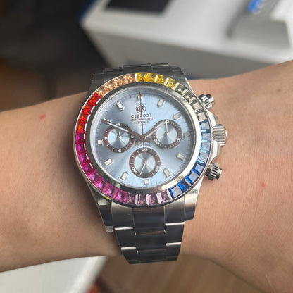 CEBRODZ Men's Chronograph DIY bezel 904L stainless steel Mechanical Ditonda Rainbow Bezel Automatic machinery 50m waterproof CB1652001SRB