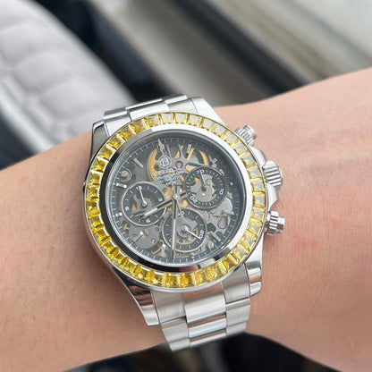 CEBRODZ Men's Chronograph DIY bezel Skeleton Watch Yellow zircon bezel 904L stainless steel Mechanical Automatic machinery 50m waterproof CB1651001SY