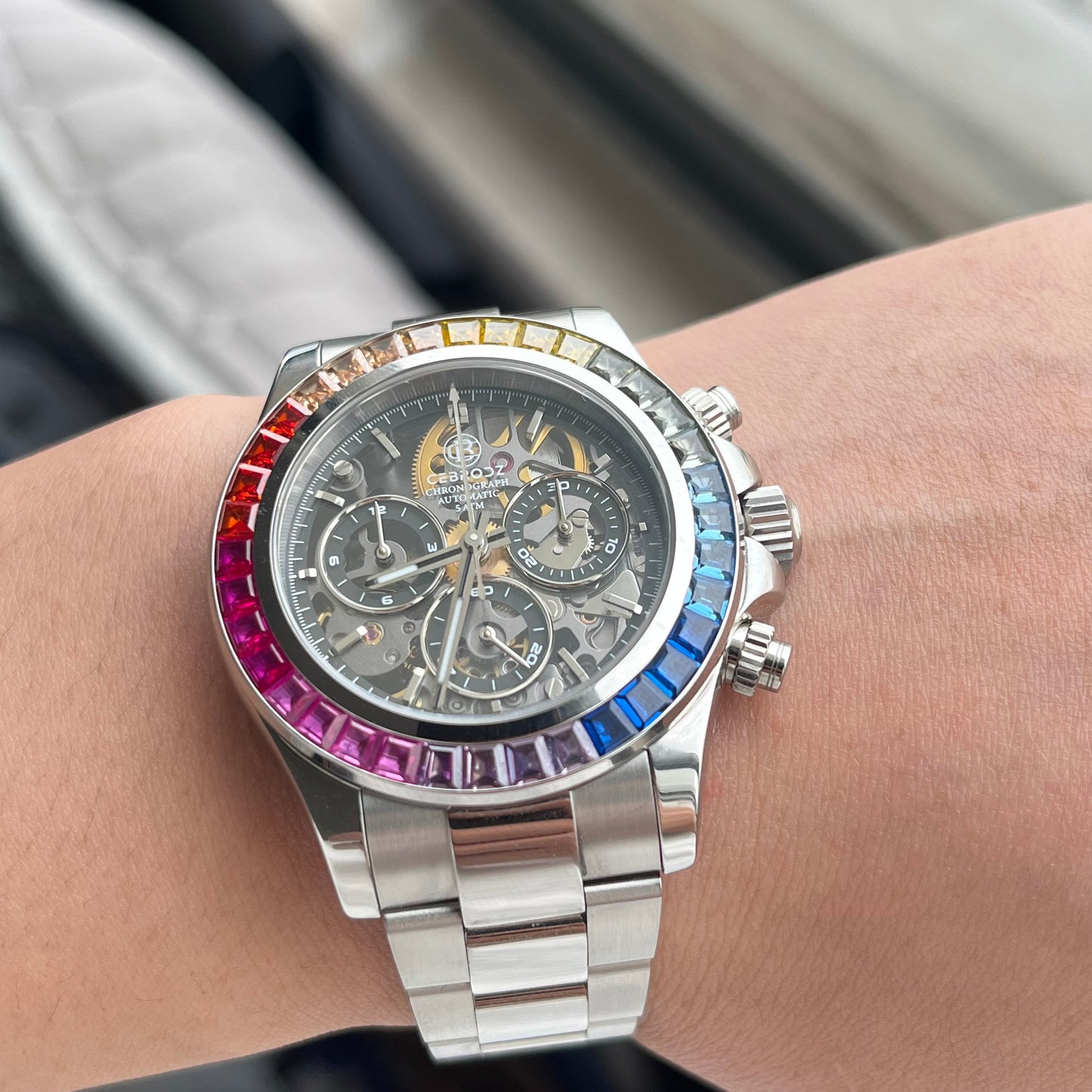 CEBRODZ Men's Chronograph DIY bezel Skeleton Watch Colored zircon bezel 904L stainless steel Mechanical Automatic machinery 50m waterproof CB1651001SRB