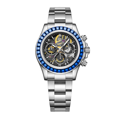 CEBRODZ Men's Chronograph DIY bezel Skeleton Watch 904L stainless steel Mechanical Automatic machinery 50m waterproof CB1651001SBL