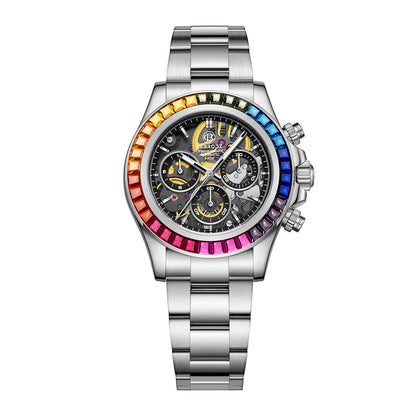 CEBRODZ Men's Chronograph DIY bezel Skeleton Watch Colored zircon bezel 904L stainless steel Mechanical Automatic machinery 50m waterproof CB1651001SRB