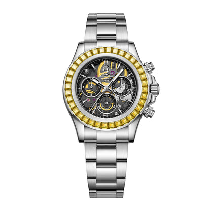 CEBRODZ Men's Chronograph DIY bezel Skeleton Watch Yellow zircon bezel 904L stainless steel Mechanical Automatic machinery 50m waterproof CB1651001SY