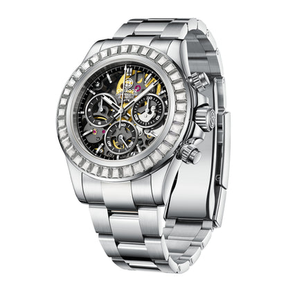 CEBRODZ Men's Chronograph DIY bezel Skeleton Watch 904L stainless steel Mechanical Automatic machinery 50m waterproof CB1651001SW